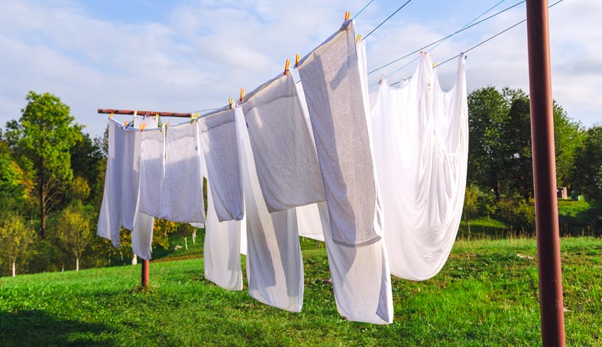 Weiße Wäsche trocknet an einem sonnigen Tag in einem Garten.