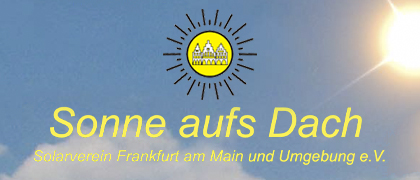 Das Logo des Solarvereins Frankfurt mit dem Slogan "Sonne aufs Dach" vor blauem Himmel