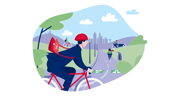 Illustration eines Radfahrers vor der Frankfurter Skyline