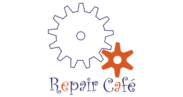 Zwei ineinander greifende Zahnräder und der Schriftzug "Repair Café"