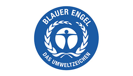 Blaues Logo mit dem Schriftzug "Blauer Engel – Das Umweltzeichen", in der Mitte eine Abbildung eines Menschens mit ausgebreiteten Armen