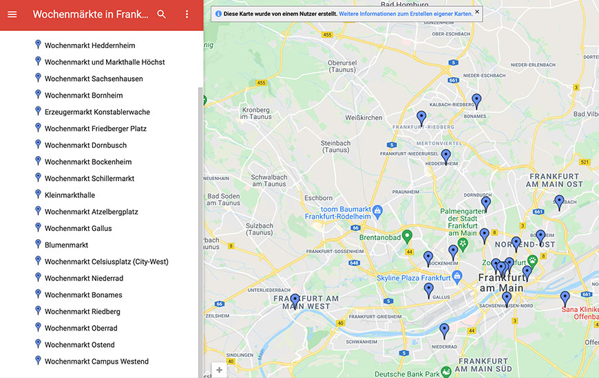 Eine Karte aus Google Maps, welche alle Wochenmärkte in und um Frankfurt anzeigt.