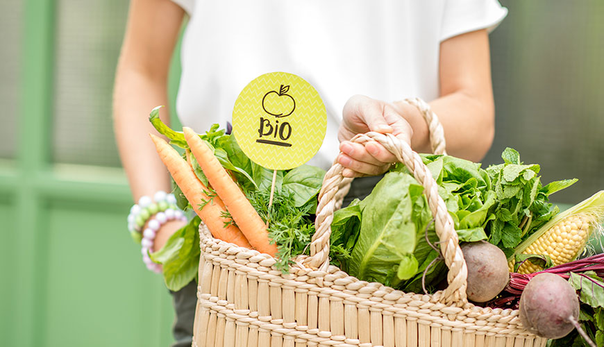 Karotten und grüner Salat in einem beigen Korb. Darin steckt ein Schild mit der Aufschrift "BIO".