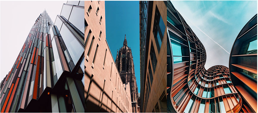 Eine Collage von 3 Bildern, die verschiedene geschwungene Fassaden zeigen