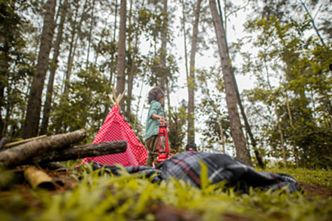 Ein Kund steht im Wald, daneben ein rotes Zelt. Das Kind trägt eine Camping Lampe