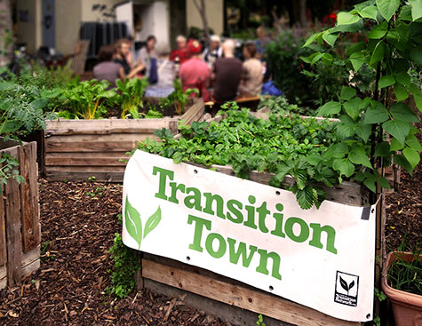 Ein bepflanztes Beet, davor ein Schuld mit "Transition Town"