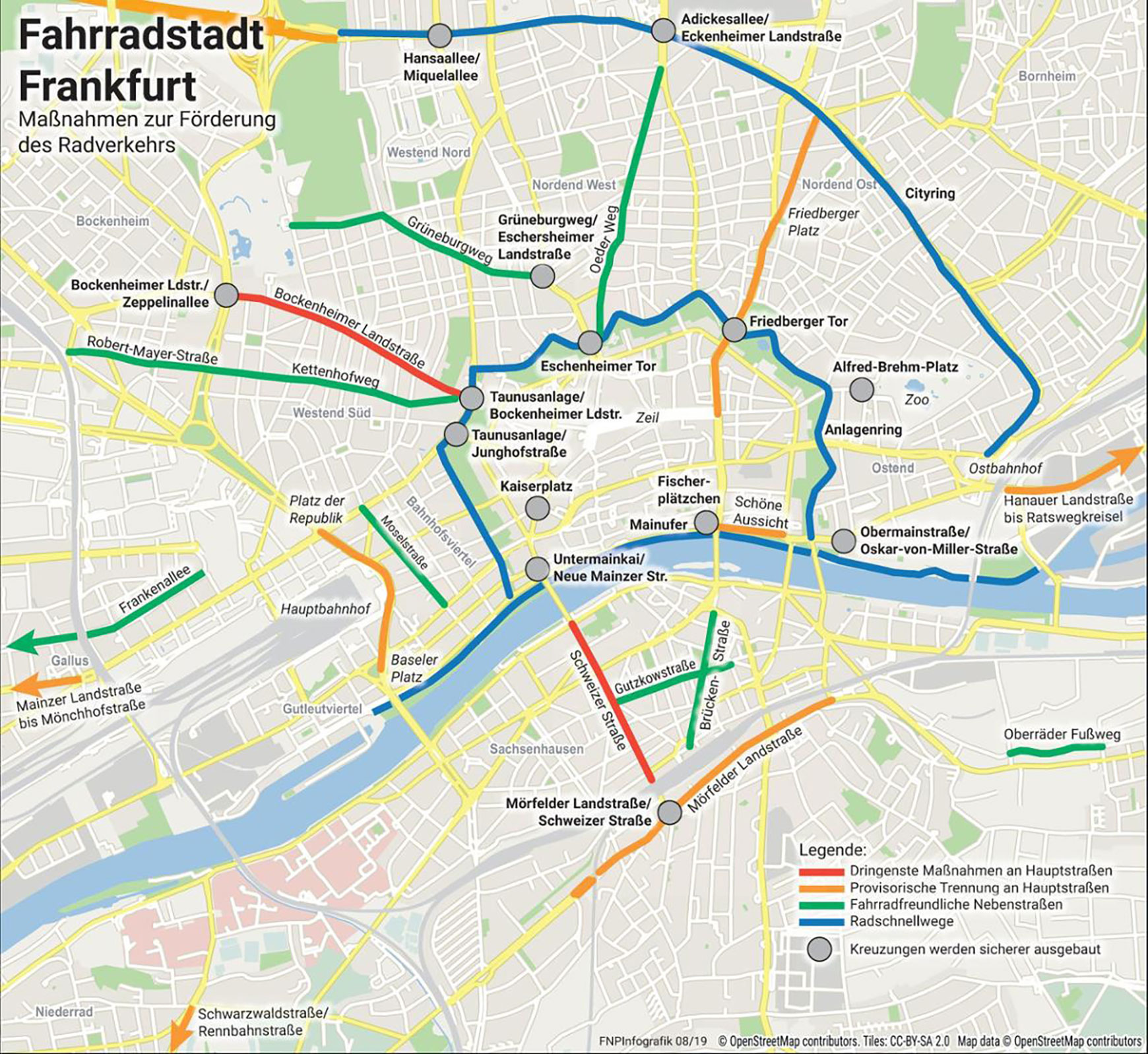 Eine Karte von Frankfurt zeigt, an welchen Stellen welche Maßnahmen stattfinden werden, von neuen Radstraßen bis zu abgesicherten Kreuzungen