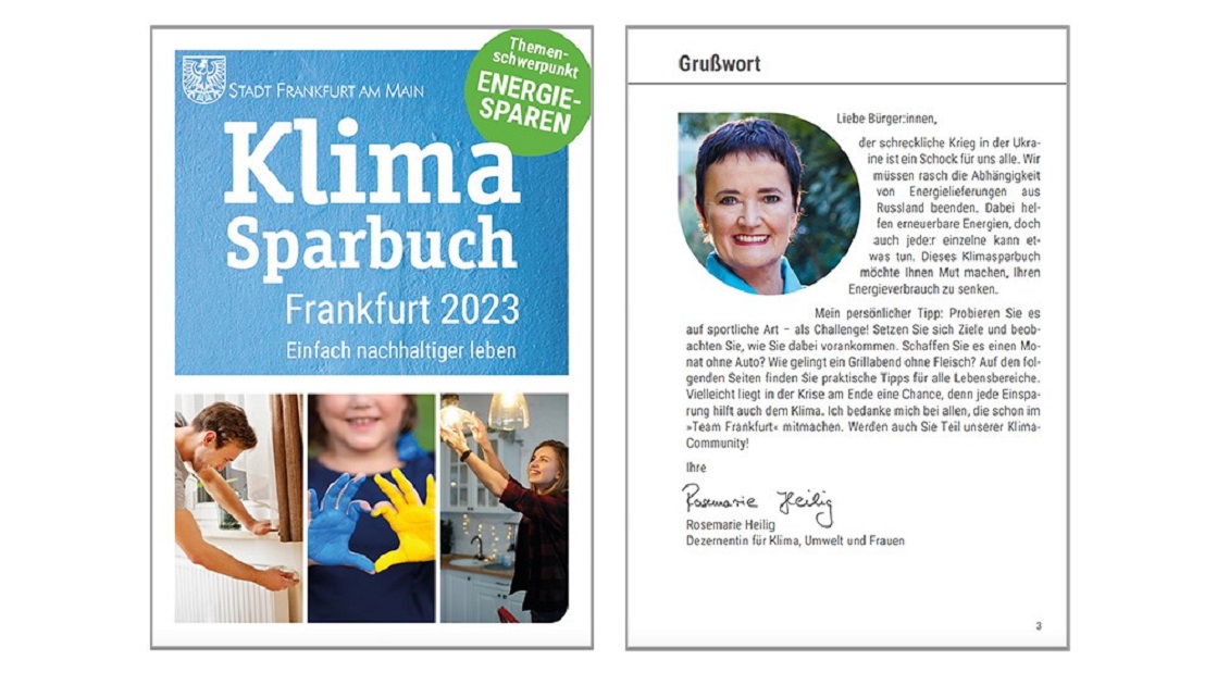 Titelseite Klimasparbuch 2023 auf der linken Seite und auf der rechten Seite Grußwort von Klimadezernentin Rosemarie Heilig mit Foto.